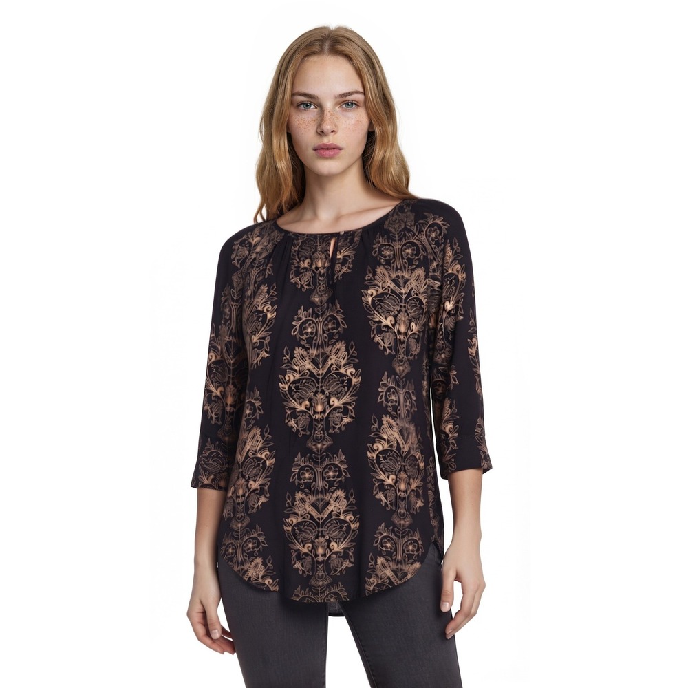 Lucky Brand Peasant Top Women's Size 1X Black Tan Damask Paisley Sleeve Blouse